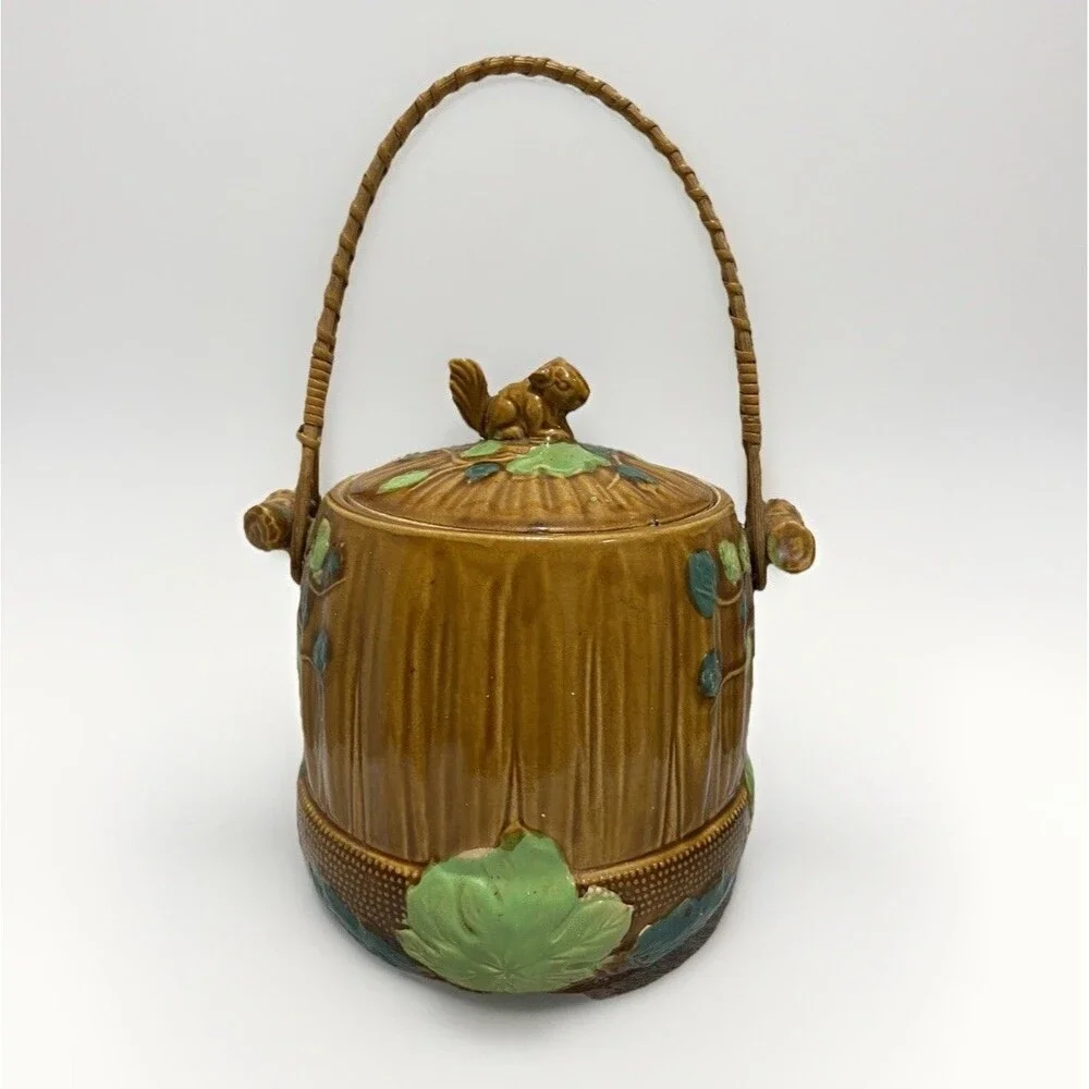 Vintage Majolica Biscuit Cookie Jar Squirrel Top Rattan Handle Hand Glazed Japan
